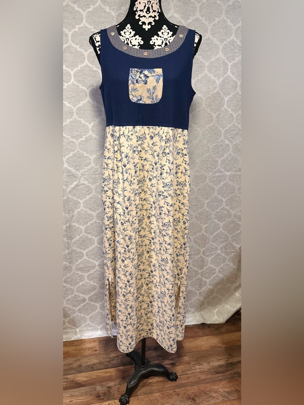 Napa Valley Cottagecore 90s Vtg Blue/Cream Jumper Print Dress Rayon size Small
